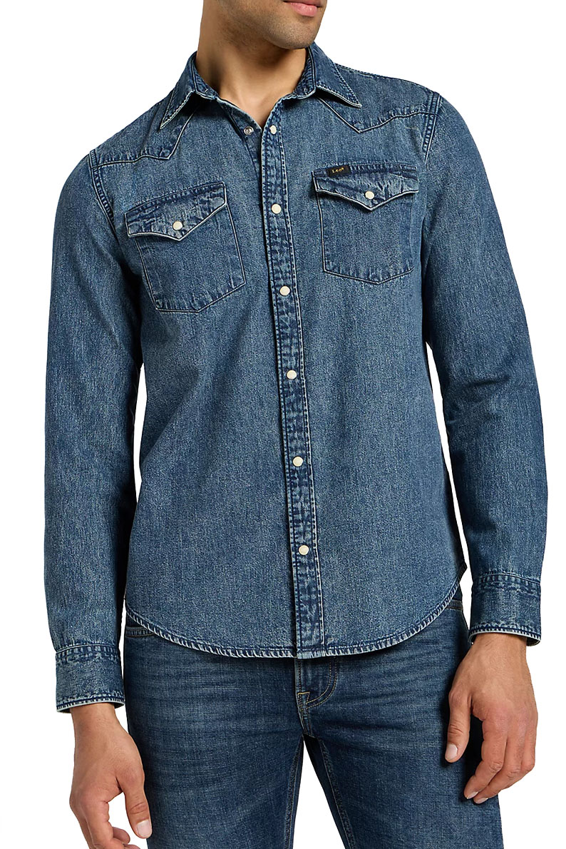 Camicia Lee Regular Western Uomo – Denim Blu Medio, 100% Cotone, Tasche Con Patta